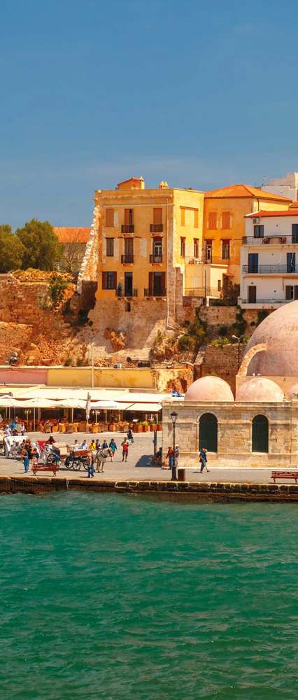 Old Harbour Of Chania With Venetian Quay And Kucuk Hasan Pasha Mosque, Crete, Greece