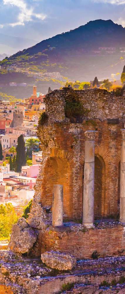 The Ruins Of Taormina Theater At Sunset, Sicily, Italy