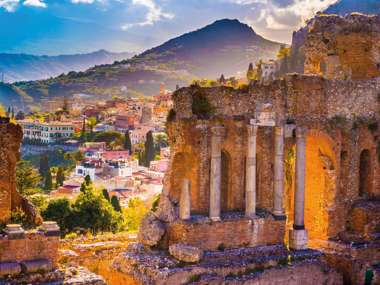 The Ruins Of Taormina Theater At Sunset, Sicily, Italy