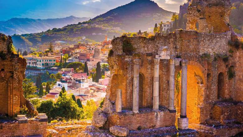 The Ruins Of Taormina Theater At Sunset, Sicily, Italy