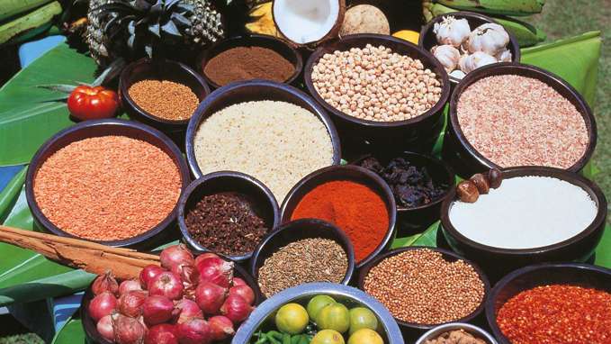 Fruits and spices laid out, Sri Lanka