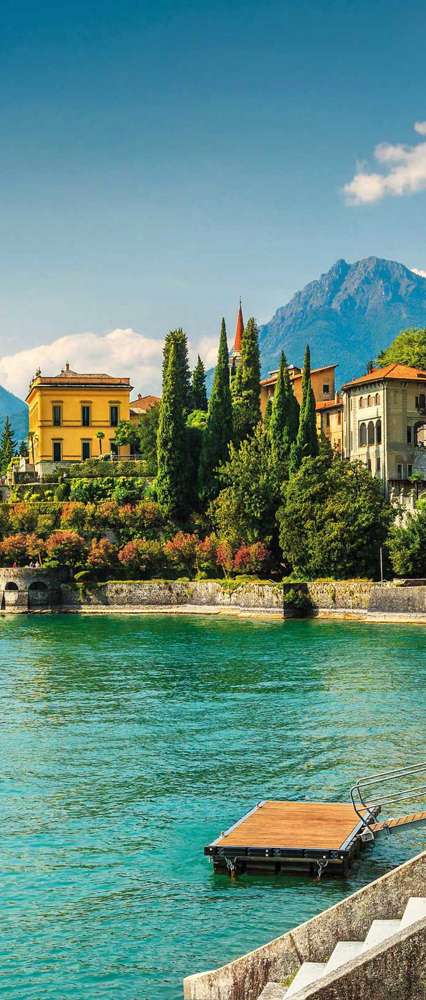 Oleander flowers and Villa Monastero, Lake Como, Italy