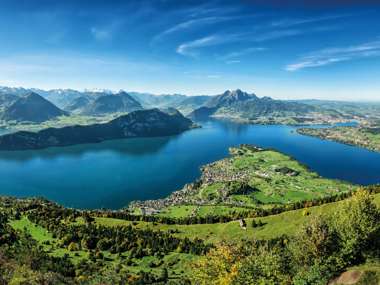 Lake Lucerne City Viewed From Mount Rigi With Mountain Pilatus, Switzerland