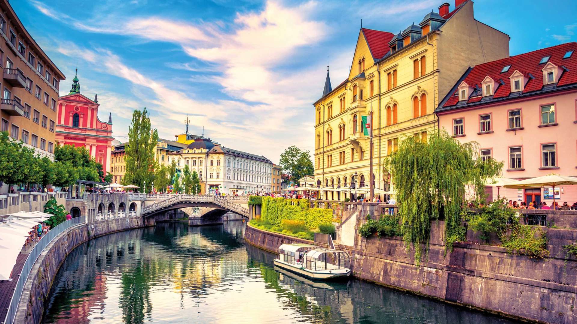 Ljubljanica River Canal in Ljubljana Old Town, Croatia