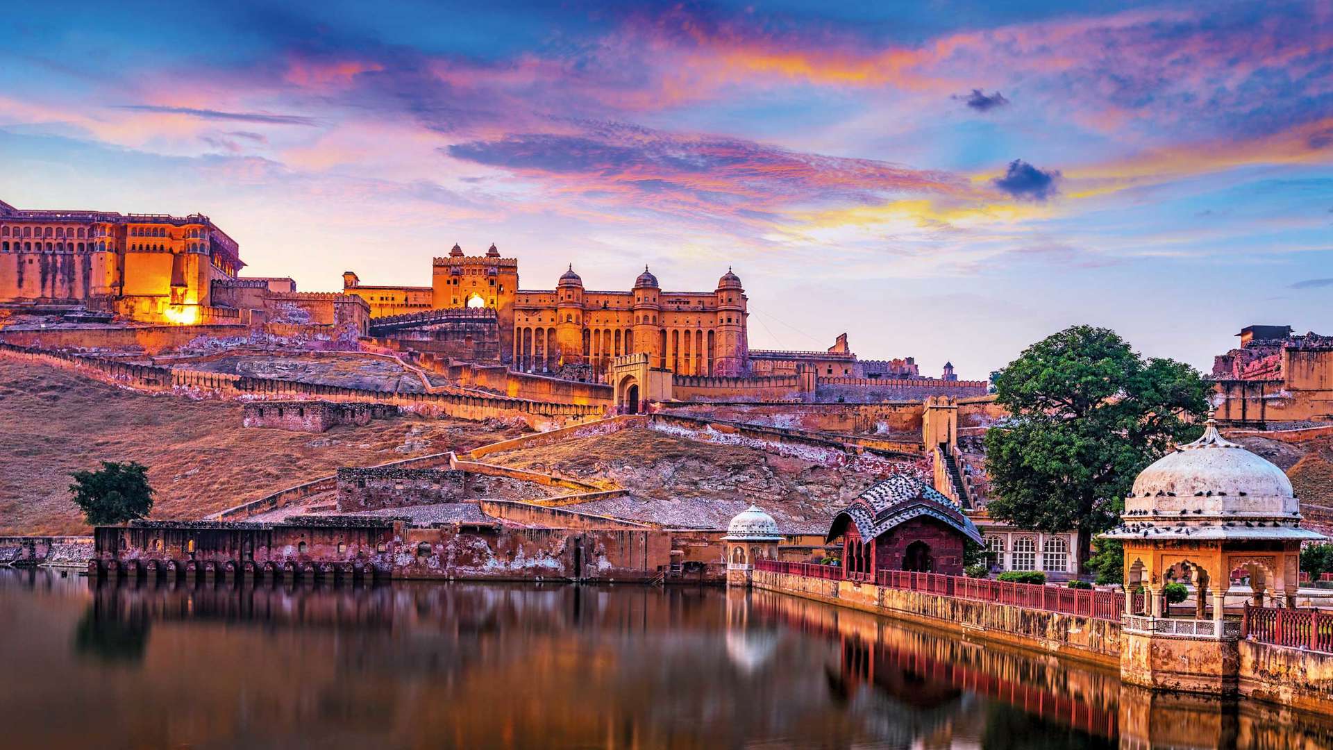 Amber Fort and Maota Lake at sunset,Jaipur, India